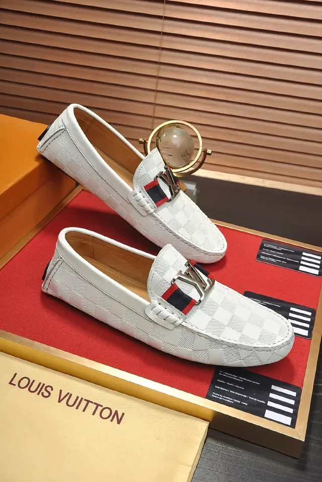 Louis Vuitton White Red Damier Check Leather LV Buckle Strap Loafer 4