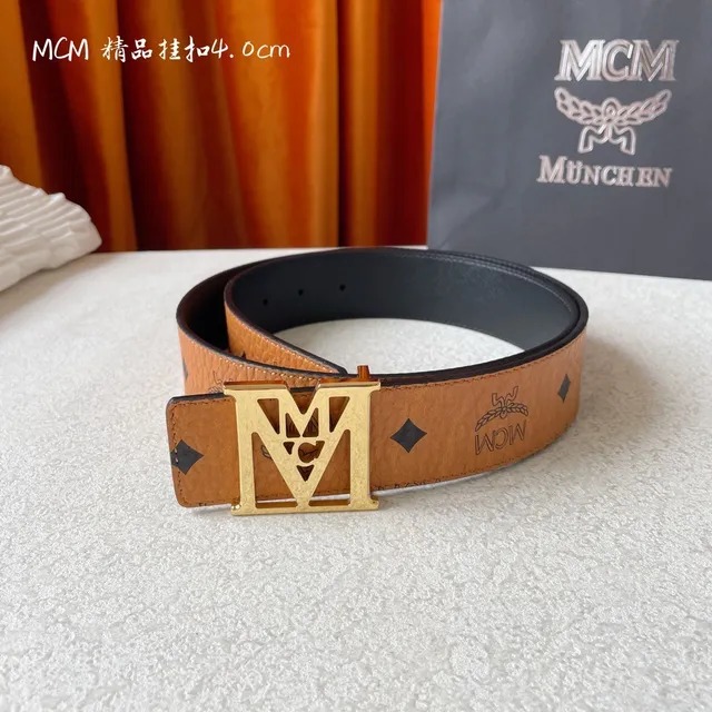 MCM Visetos حزام جلدي بني ذهبي مطبوع مونوغرام 6