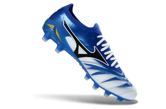 Mizuno Azul Blanco Zapatos de fútbol low-cut con upper de knit y overlays sintéticos de patrón ondulado para terreno firme 2