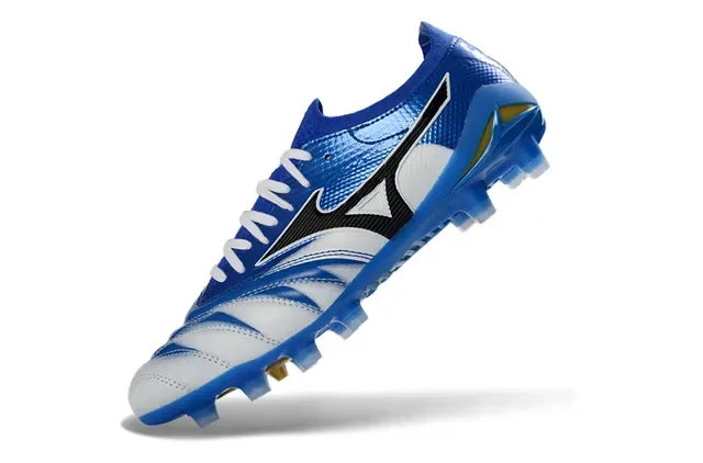 Mizuno Azul Blanco Zapatos de fútbol low-cut con upper de knit y overlays sintéticos de patrón ondulado para terreno firme 3