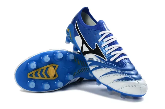 Mizuno Azul Blanco Zapatos de fútbol low-cut con upper de knit y overlays sintéticos de patrón ondulado para terreno firme 4