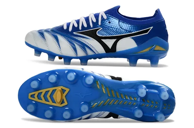 Mizuno Azul Blanco Zapatos de fútbol low-cut con upper de knit y overlays sintéticos de patrón ondulado para terreno firme 6