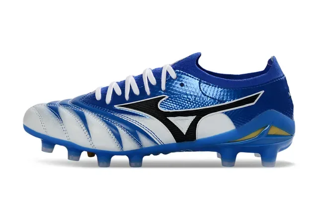 Mizuno Azul Blanco Zapatos de fútbol low-cut con upper de knit y overlays sintéticos de patrón ondulado para terreno firme 7