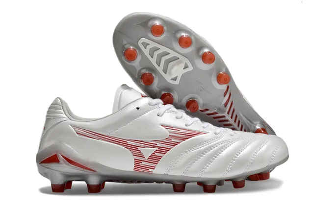 Mizuno أحمر أبيض جلد صناعي معدني مبطن فامب أرضية صلبة أحذية كرة القدم 4