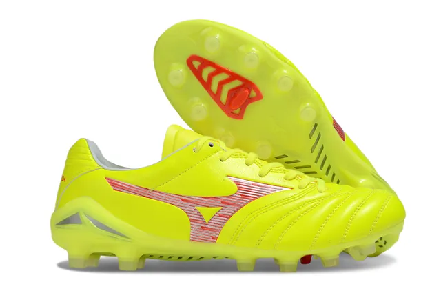 Mizuno أحمر أبيض جلد صناعي معدني مبطن فامب أرضية صلبة أحذية كرة القدم 10