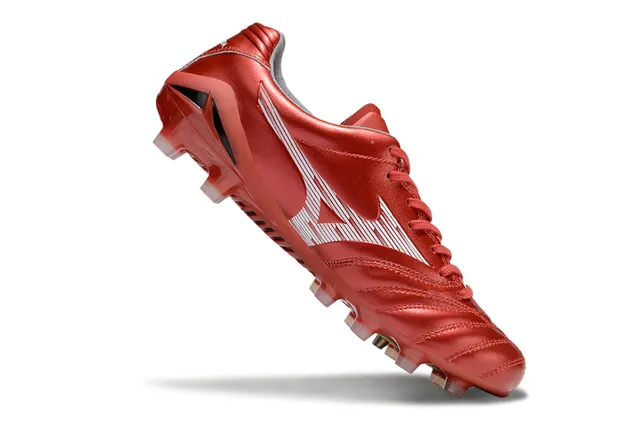 Mizuno أحمر أبيض جلد صناعي معدني مبطن فامب أرضية صلبة أحذية كرة القدم 12