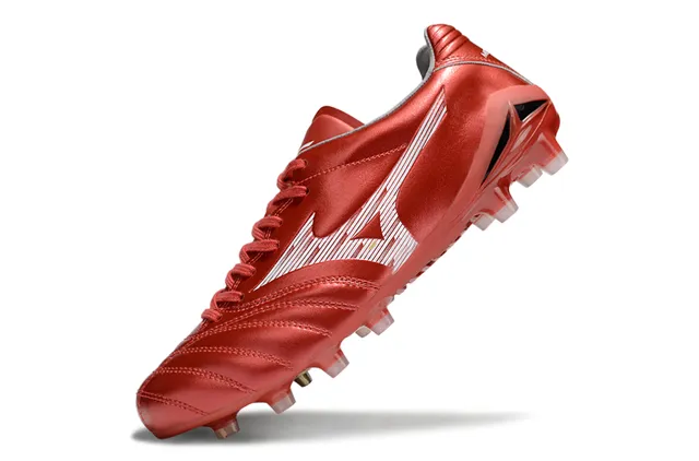 Mizuno أحمر أبيض جلد صناعي معدني مبطن فامب أرضية صلبة أحذية كرة القدم 13