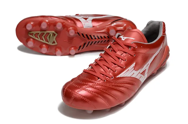 Mizuno أحمر أبيض جلد صناعي معدني مبطن فامب أرضية صلبة أحذية كرة القدم 14