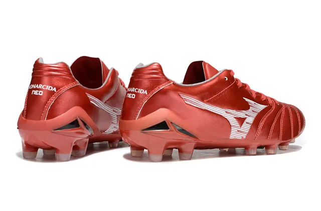 Mizuno أحمر أبيض جلد صناعي معدني مبطن فامب أرضية صلبة أحذية كرة القدم 15