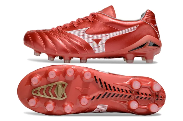 Mizuno أحمر أبيض جلد صناعي معدني مبطن فامب أرضية صلبة أحذية كرة القدم 16