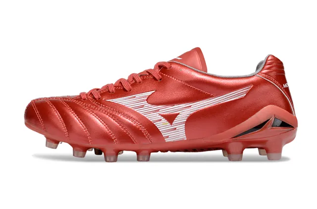 Mizuno أحمر أبيض جلد صناعي معدني مبطن فامب أرضية صلبة أحذية كرة القدم 17