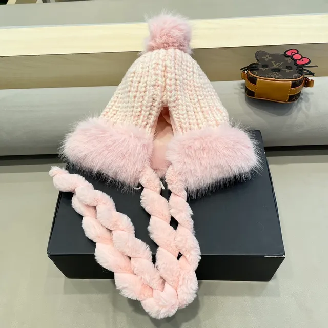 Moncler भूरा सफेद मोटा रोबट बुना हुआ फर से सज्जित किनारा वाली बीनि 7
