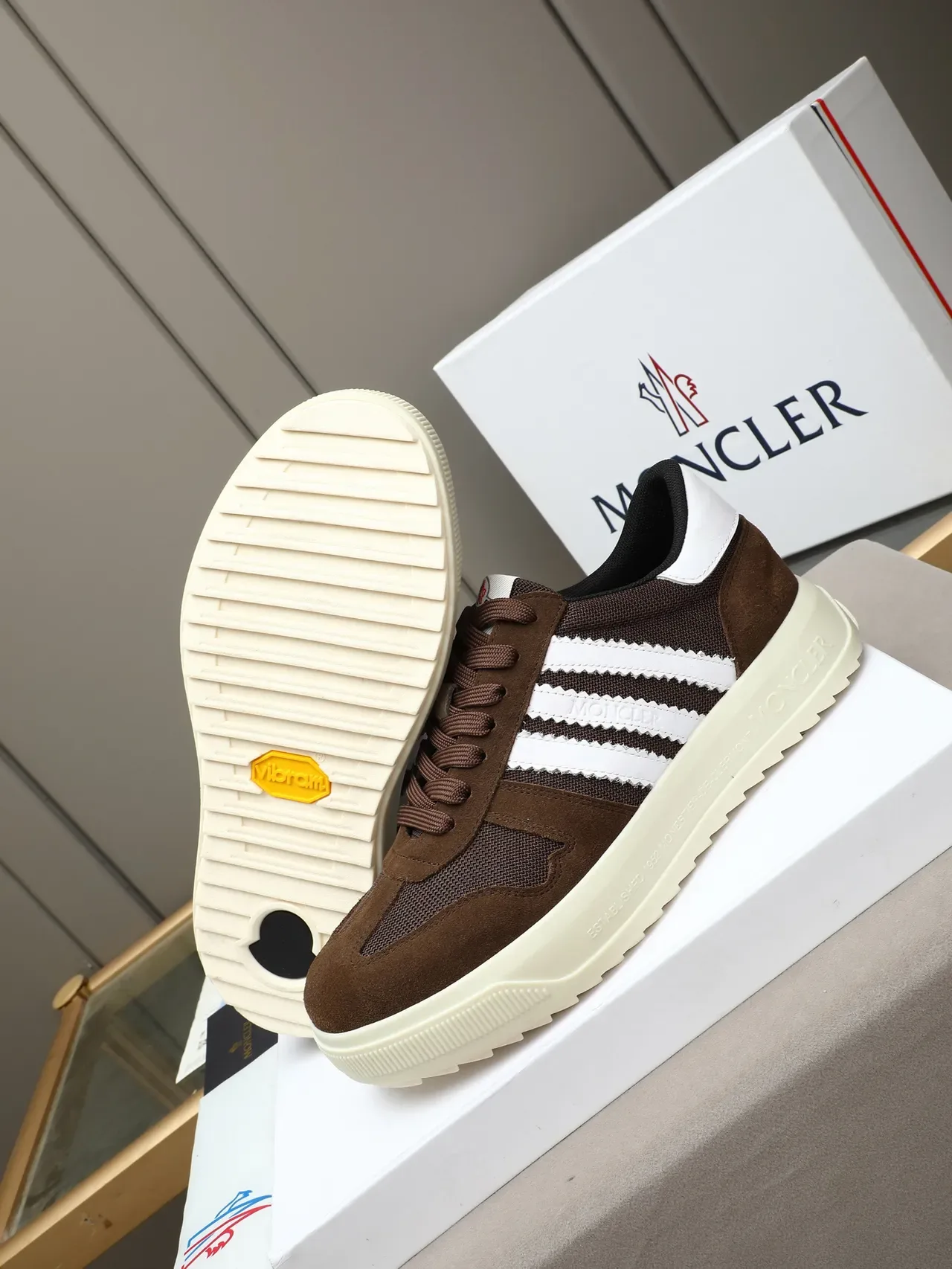 Moncler Brown and White Striped Platform Lifestyle Sneaker 4