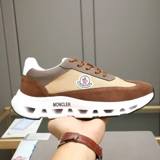 Moncler Maya Brown Beige Multi-Panel Suede And Textile Upper Vented Sculpted White Midsole Chunky Sneakers