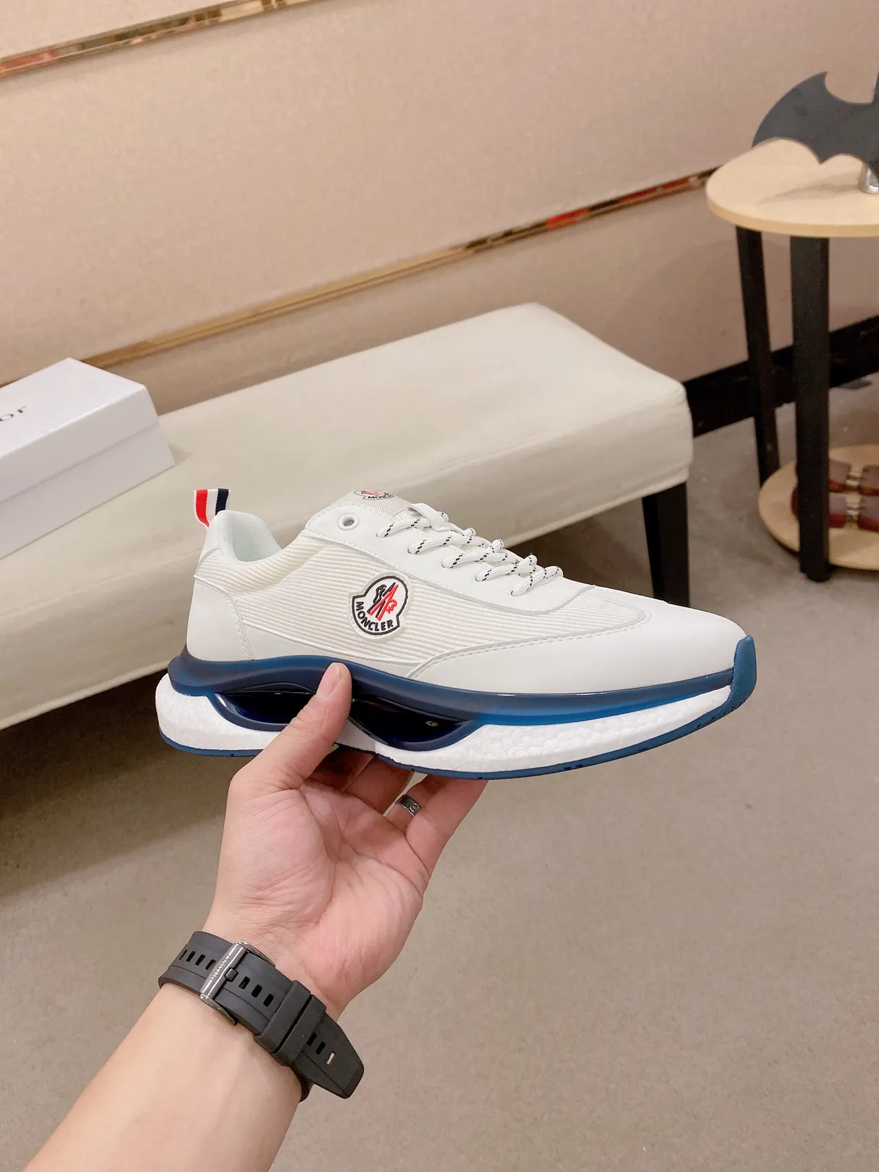 Moncler White Navy Ribbed Textile Upper Blue Transparent Midsole Channel Lifestyle Sneakers 5