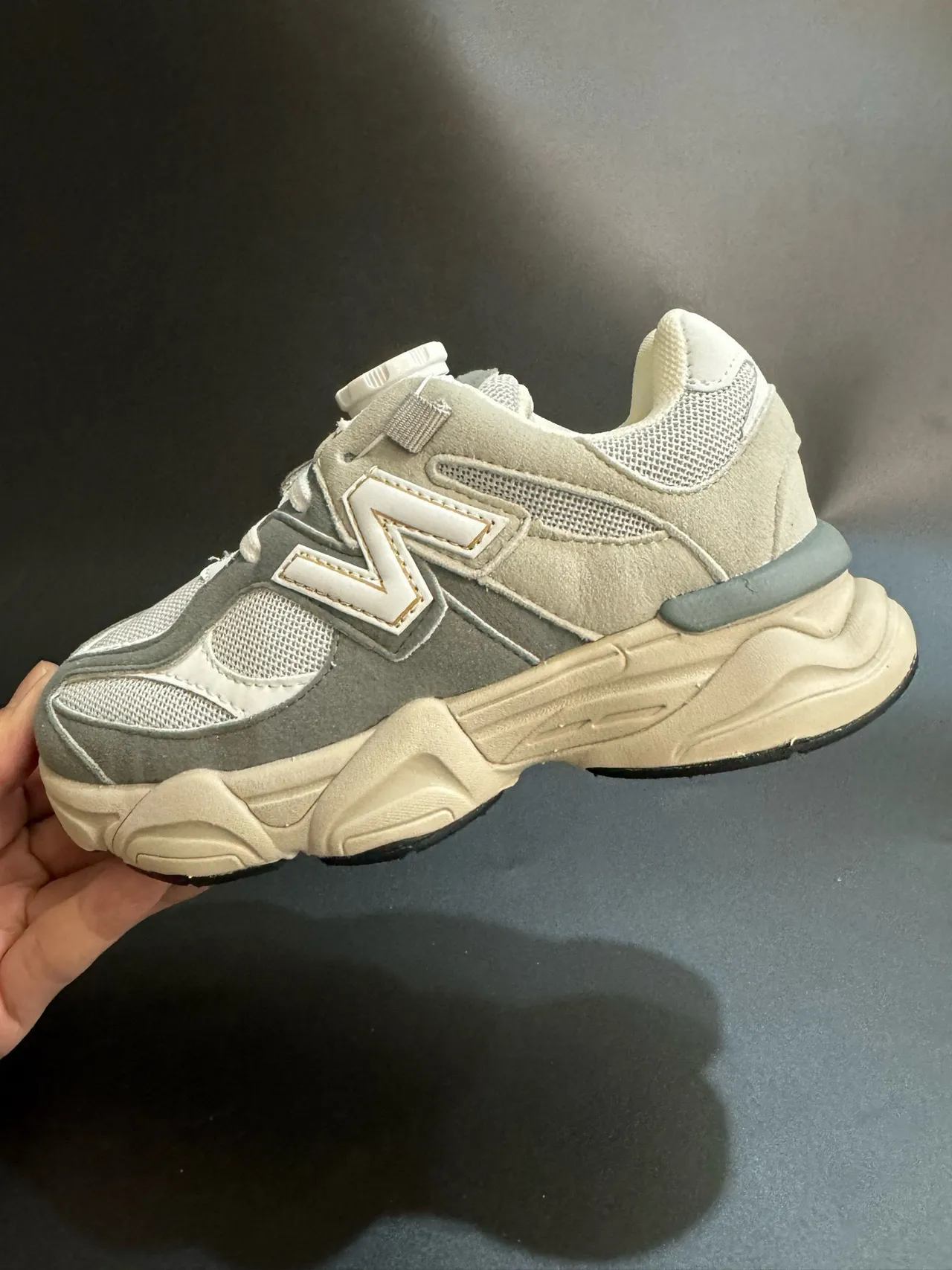 New Balance 9060 Gray Beige Sole Dial Closure Chunky Sneakers 7
