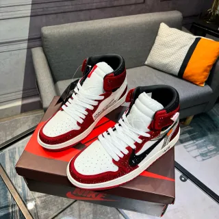 Nike Air Jordan 1 Off-White সহযোগিতা লাল চকচকে সাদা কালো বাস্কেটবল জুতো
