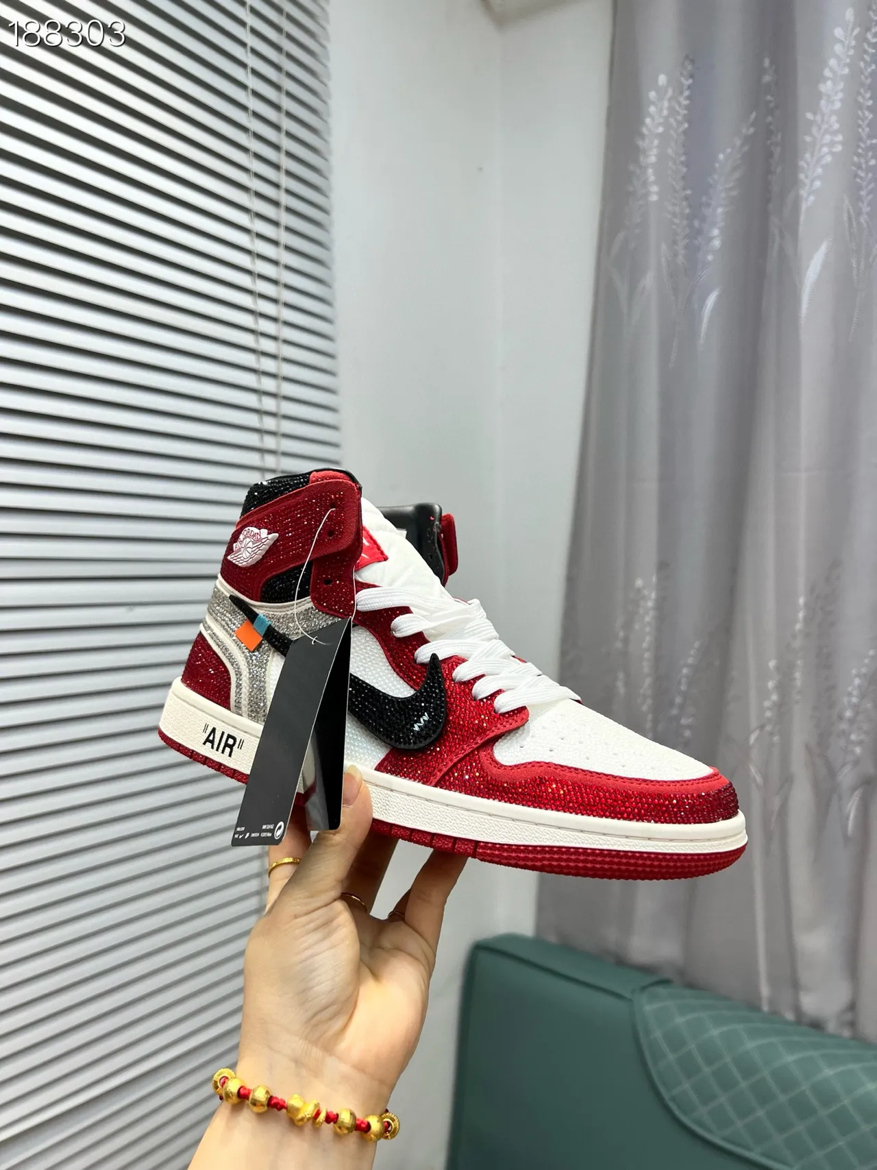 Nike Air Jordan 1 Off-White collaboration Rouge Pailleté Blanc Noir Chaussures de Basketball 7