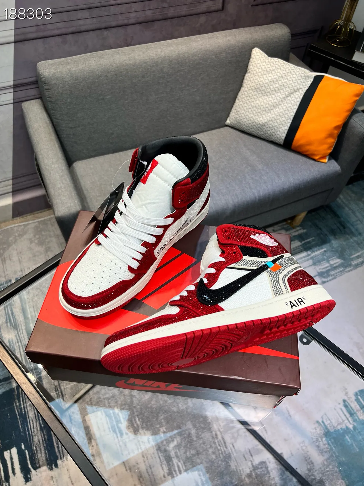 Nike Air Jordan 1 Off-White collaboration Rouge Pailleté Blanc Noir Chaussures de Basketball 8