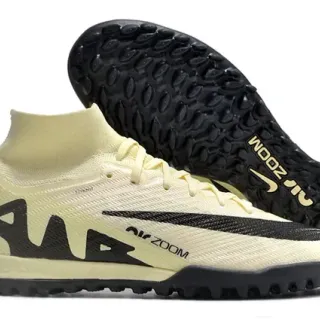 Nike Air Zoom Bege Preto Corte Alto Colar de Malha Painel de Superposição Sintético Gramado Sapatos de Futebol