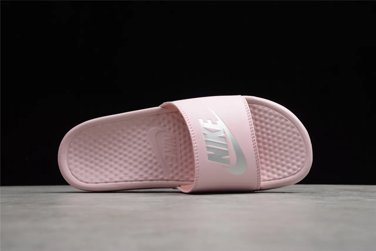 Nike Benassi Pink Silver Molded Foam Construction Textured Dot-Pattern Footbed Slippers 4