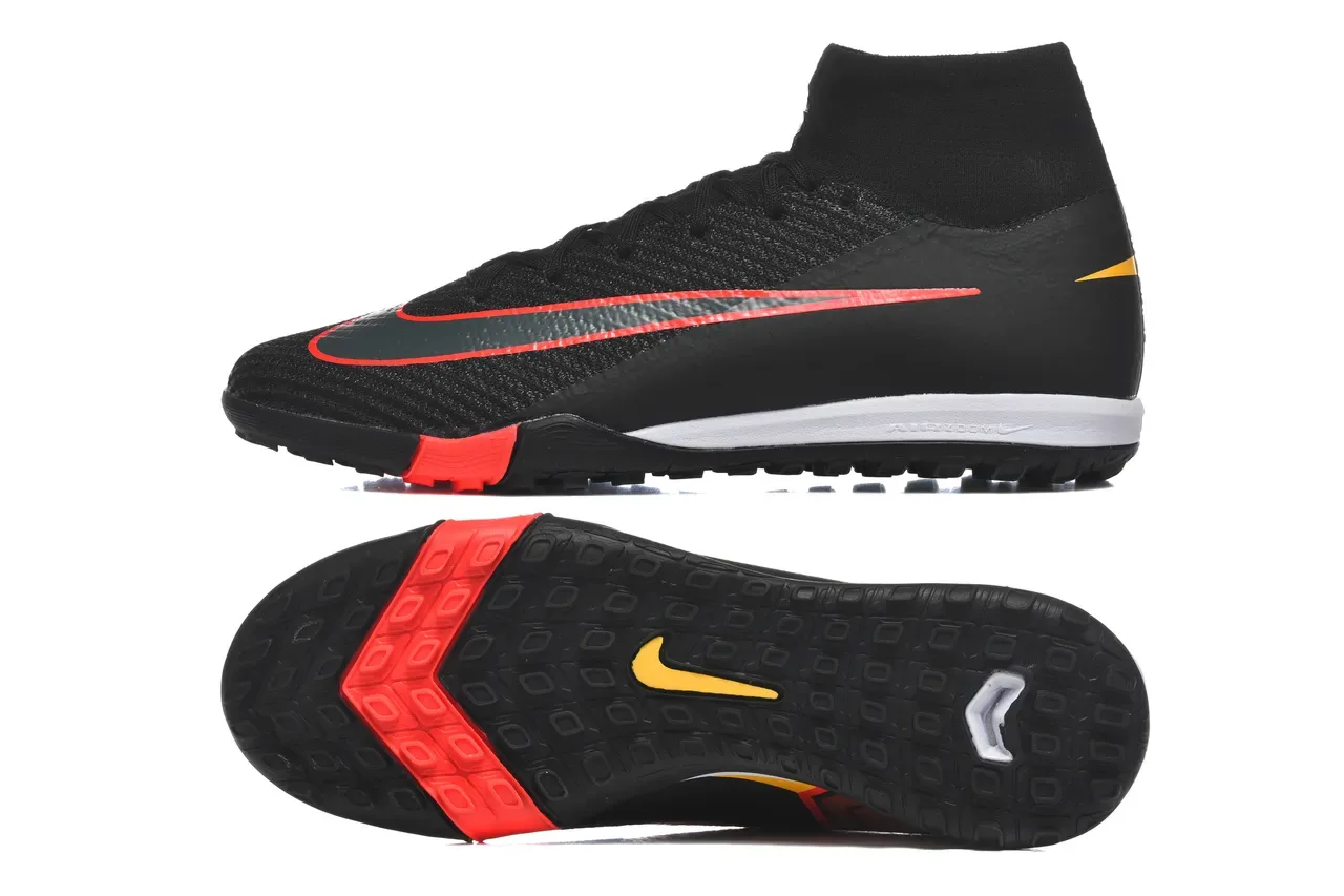 Nike Preto Vermelho Sapatos de futebol alto colar sock-fit upper knit texturizado para turf 9