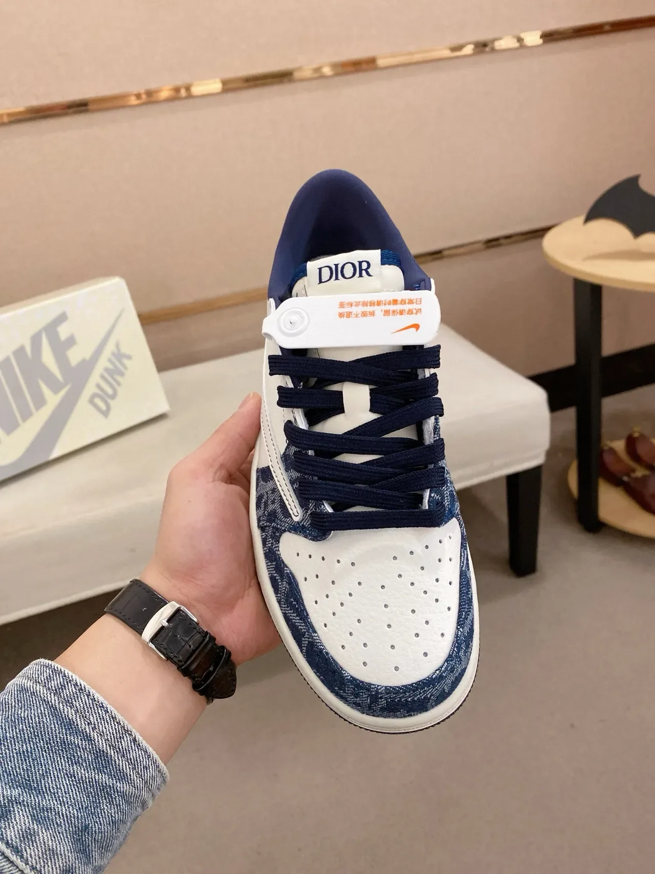 Nike Dunk Low White Navy Denim Print Lifestyle Sneakers 2