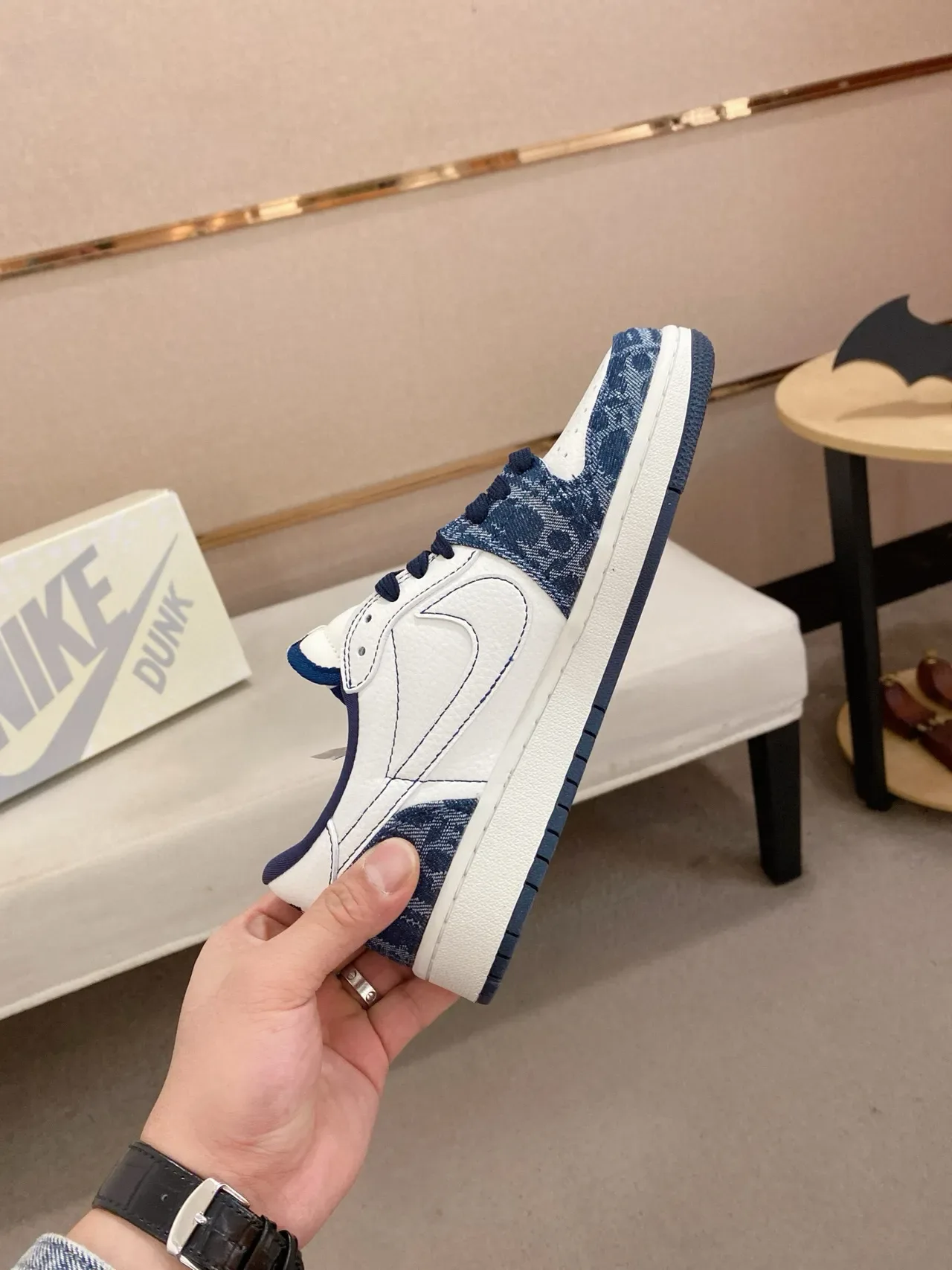 Nike Dunk Low White Navy Denim Print Lifestyle Sneakers 5