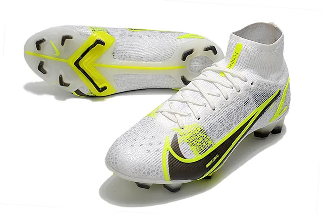Nike Mercurial White Yellow High-Cut Bootie Upper Knit Mesh Construction Firm-Ground Soccer Shoes 6
