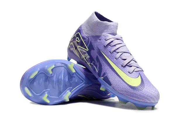 Nike Tênis de futebol roxo e amarelo de corte alto com upper de malha colar de meia integrada em grama firme 2