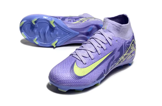 Nike Tênis de futebol roxo e amarelo de corte alto com upper de malha colar de meia integrada em grama firme 3
