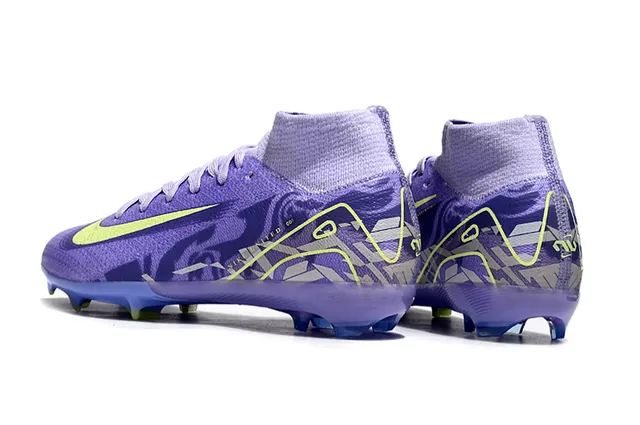 Nike Tênis de futebol roxo e amarelo de corte alto com upper de malha colar de meia integrada em grama firme 4