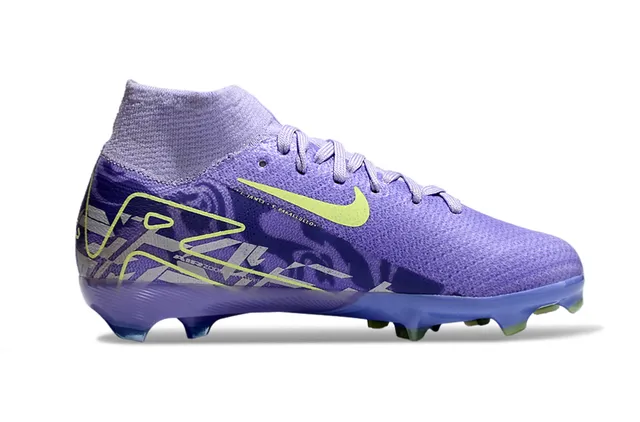 Nike Tênis de futebol roxo e amarelo de corte alto com upper de malha colar de meia integrada em grama firme 5