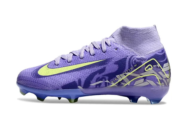 Nike Tênis de futebol roxo e amarelo de corte alto com upper de malha colar de meia integrada em grama firme 6
