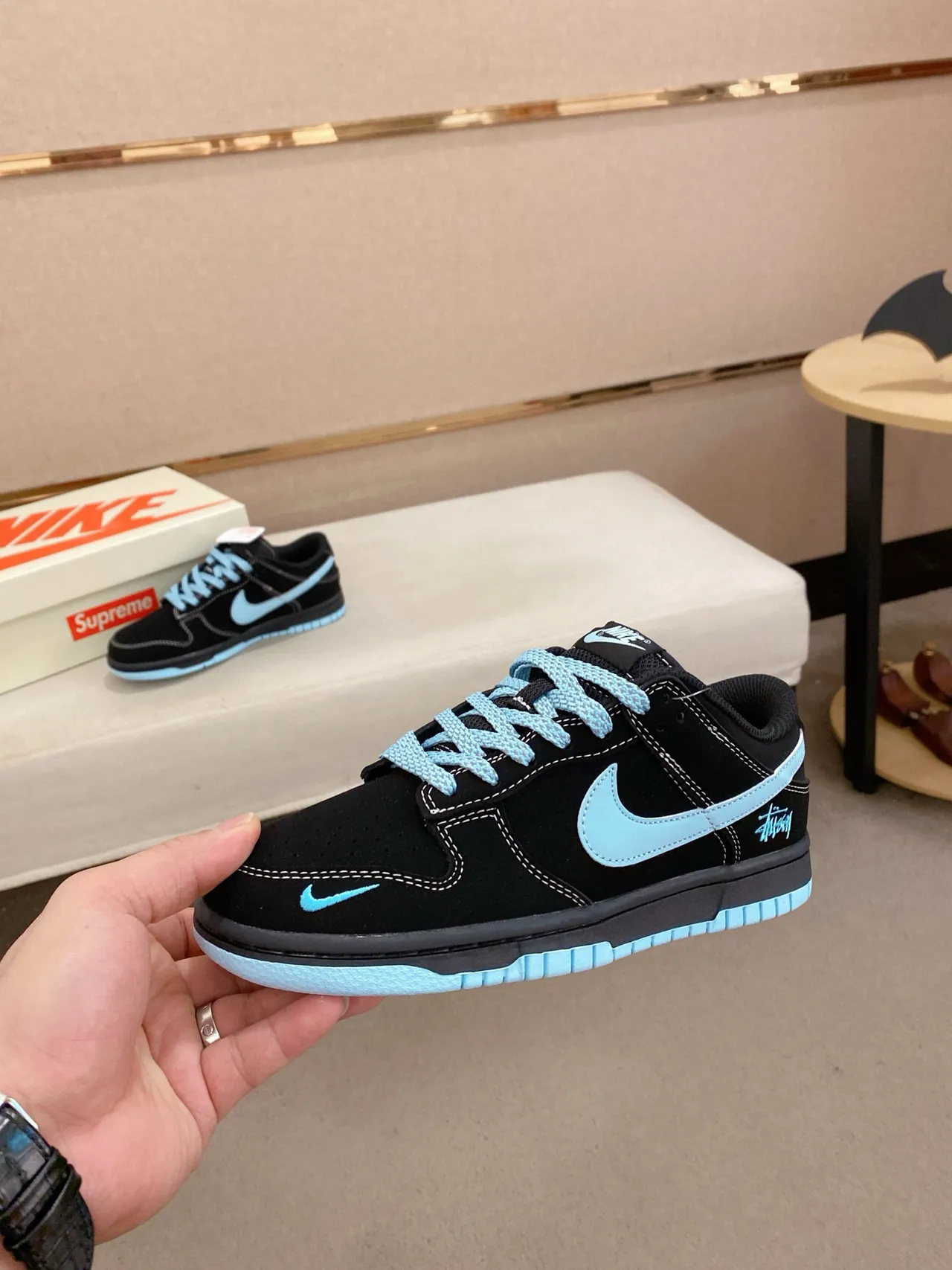 Nike SB Dunk Low কালো হালকা নীল Stussy স্কেটবোর্ড জুতো 3