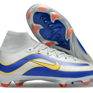 Nike Prata Azul Alto Corte Colar Meia Padrão Ondulado Superior Sintético Gramado Firme Sapatos de Futebol