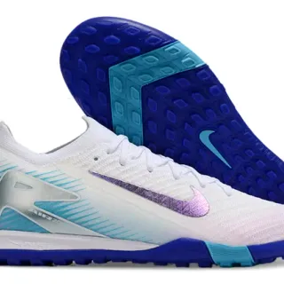 Nike Tênis de futebol Turf branco e azul upper knit cadarços assimétricos