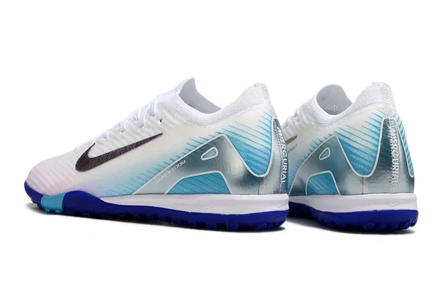 Nike White Blue Knit Upper Asymmetrical Lacing Turf Soccer Shoes 4