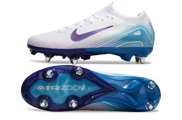 Nike Chaussures de football avec empeine en maille blanc et bleu, Swoosh iridescent violet, pour terrain ferme 5