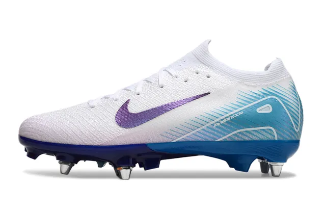 Nike Chaussures de football avec empeine en maille blanc et bleu, Swoosh iridescent violet, pour terrain ferme 8