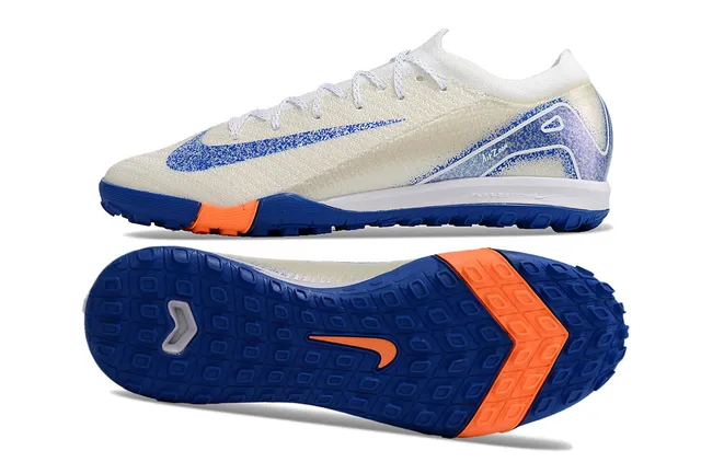 Nike White Blue Knit Upper Synthetic Overlays Turf Soccer Shoes 6