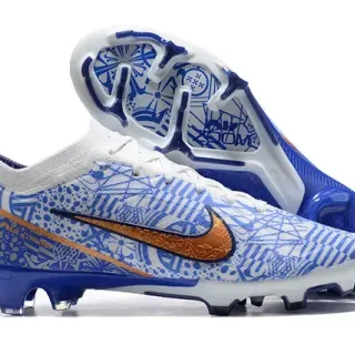 Nike Sapatos de Futebol Branco Azul Low-Cut Knit Upper Geometric Line-Art Print Firm-Ground