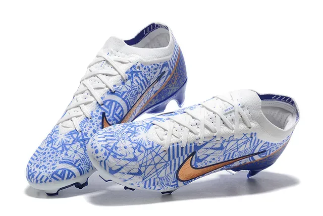 Nike White Blue Low-Cut Knit Upper Geometric Line-Art Print Firm-Ground Soccer Shoes 2