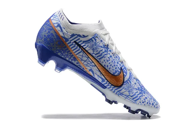 Nike White Blue Low-Cut Knit Upper Geometric Line-Art Print Firm-Ground Soccer Shoes 3