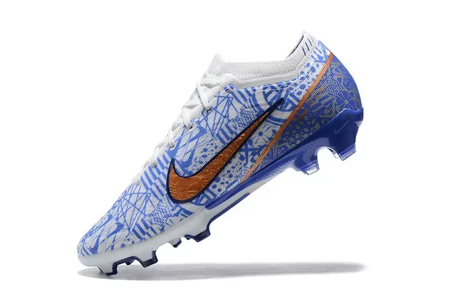 Nike White Blue Low-Cut Knit Upper Geometric Line-Art Print Firm-Ground Soccer Shoes 4