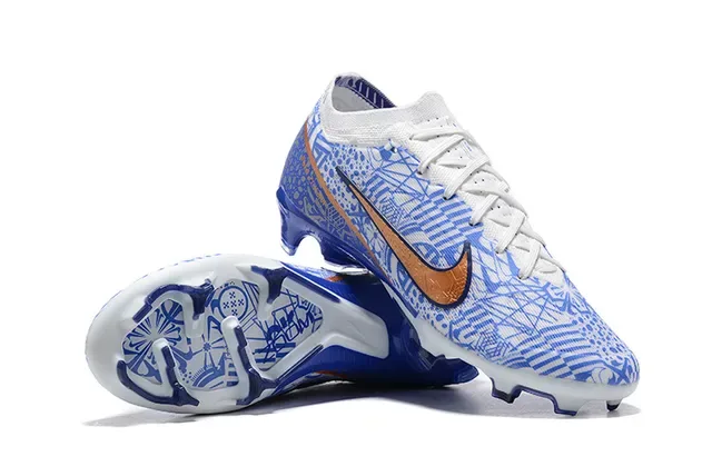 Nike White Blue Low-Cut Knit Upper Geometric Line-Art Print Firm-Ground Soccer Shoes 6