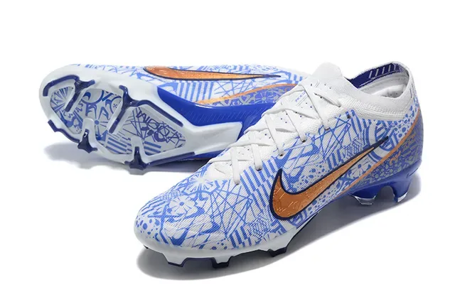 Nike White Blue Low-Cut Knit Upper Geometric Line-Art Print Firm-Ground Soccer Shoes 7
