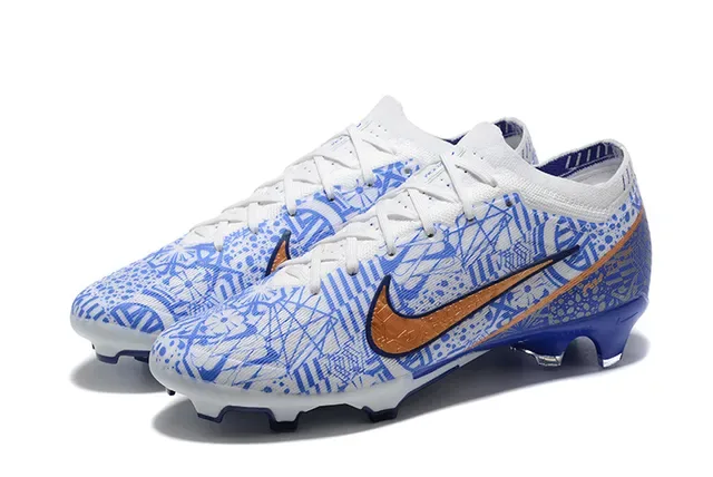 Nike White Blue Low-Cut Knit Upper Geometric Line-Art Print Firm-Ground Soccer Shoes 8