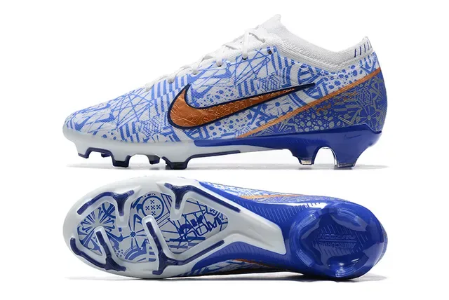 Nike White Blue Low-Cut Knit Upper Geometric Line-Art Print Firm-Ground Soccer Shoes 9