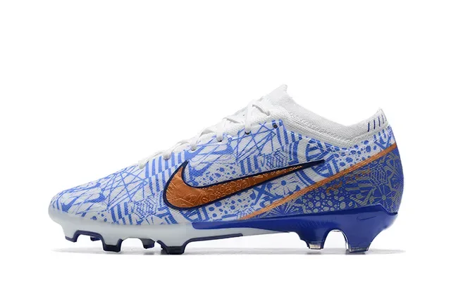 Nike White Blue Low-Cut Knit Upper Geometric Line-Art Print Firm-Ground Soccer Shoes 10